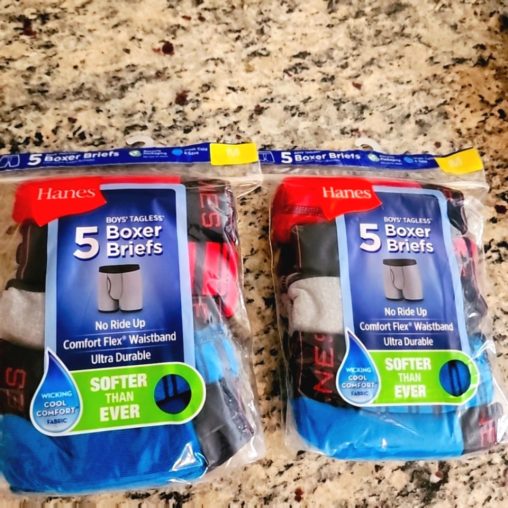 2 Packs NWT Hanes 5 pair Boys Tagless  Boxer Briefs - Medium 10/12 Red/Blue